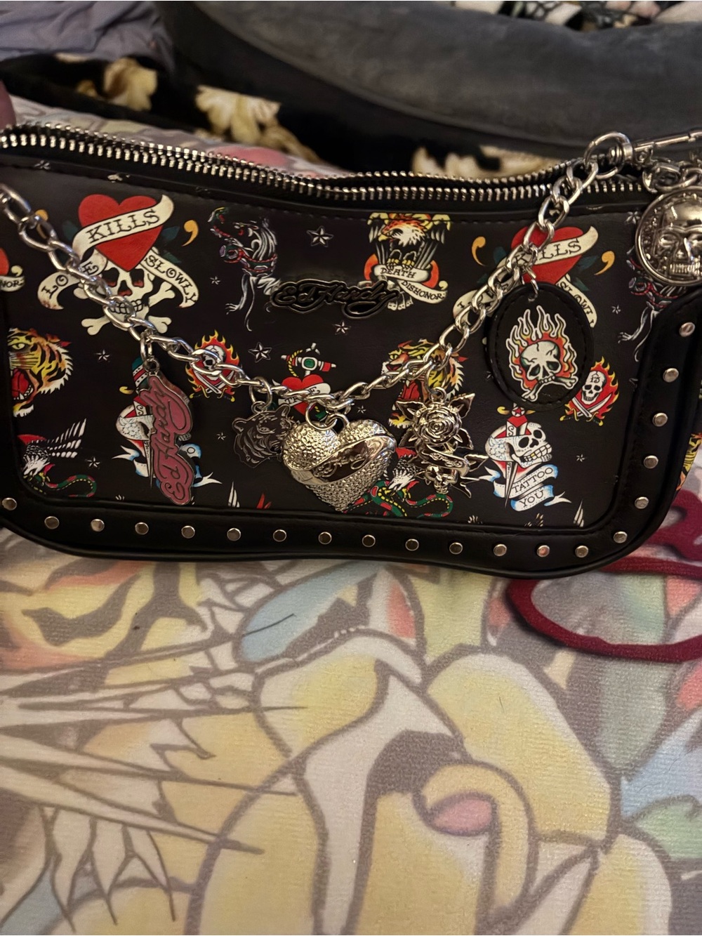 Ed Hardy Black Tattoo-Print Shoulder Bag with Silver Chain Charms